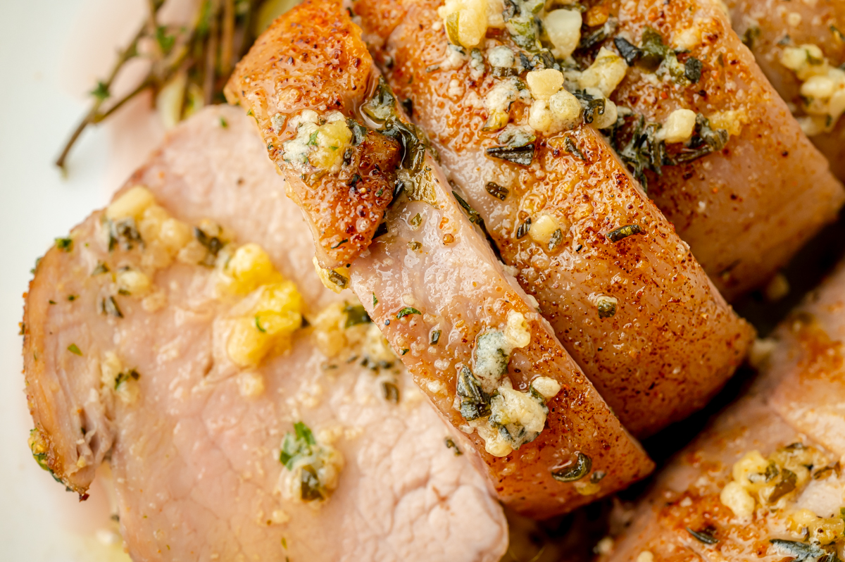 close up overhead shot of sliced pork tenderloin