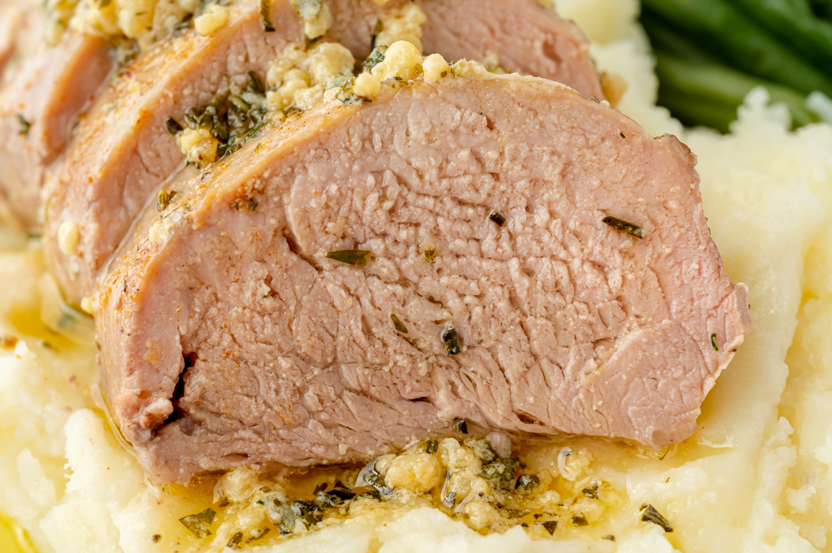 close up of slice of pork tenderloin