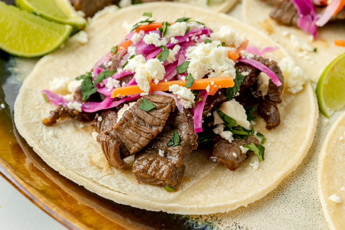 close up angled shot of korean beef taco