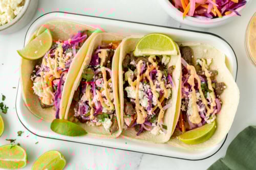 overhead shot of Korean tacos in serving dish
