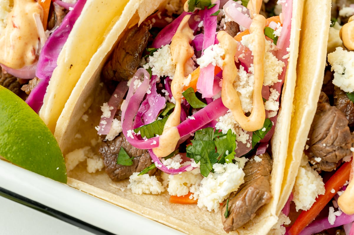 close up angled shot of korean tacos