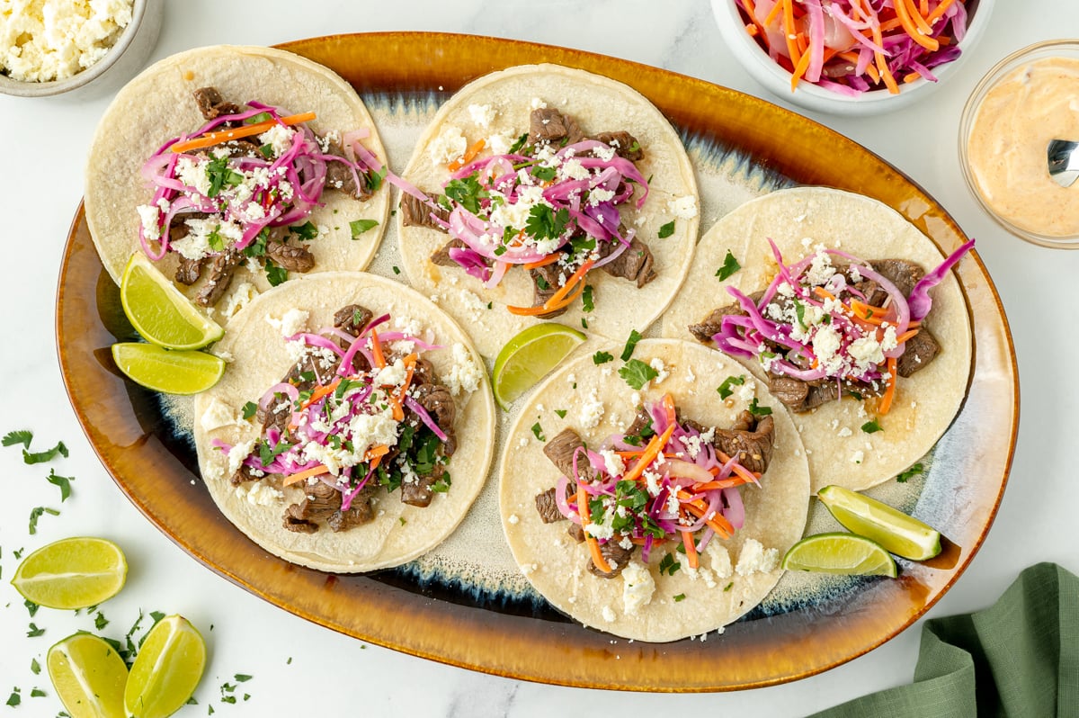 overhead shot of platter of korean tacos