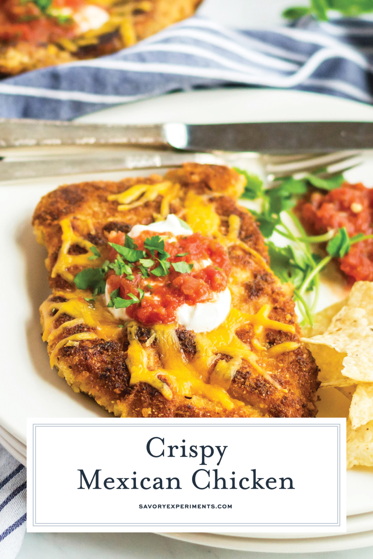 angled shot of crispy mexican chicken on plate with text overlay