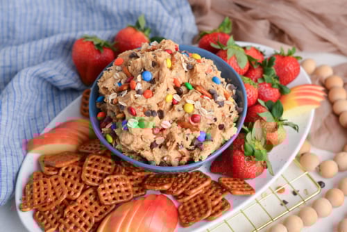 angled shot of bowl of monster cookie dip with pretzels, strawberries and apples