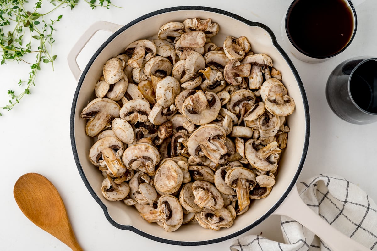 overhead shot of mushrooms in pan