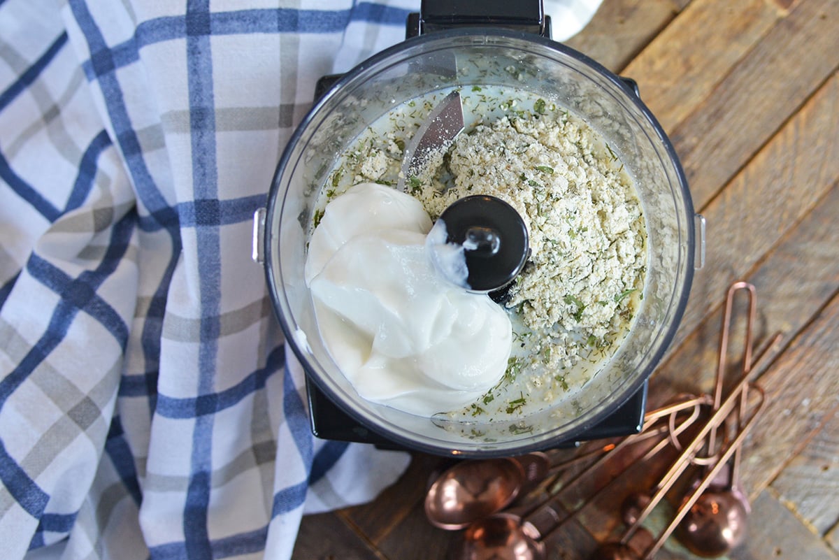 overhead shot of homemade ranch dressing in food processor