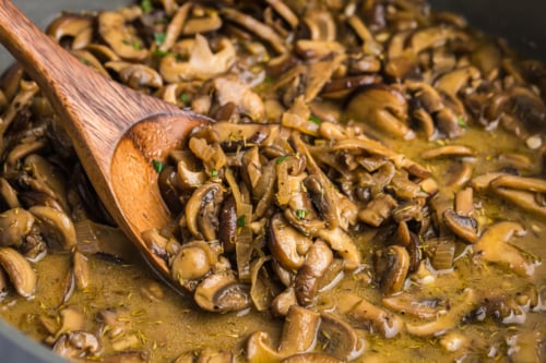 close up shot of wooden spoon in pan of cooked mushrooms