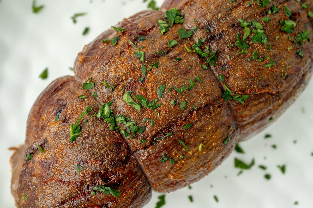 close up overhead shot of cooked stuffed flank steak