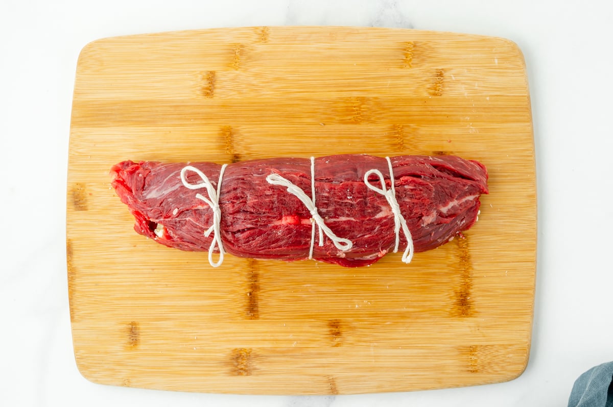 overhead shot of tied flank steak