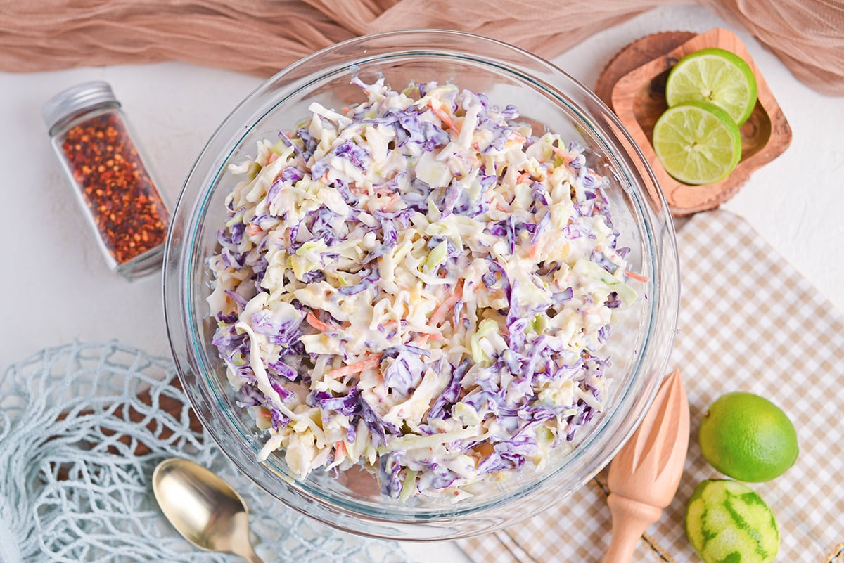 overhead shot of bowl yogurt pineapple coleslaw