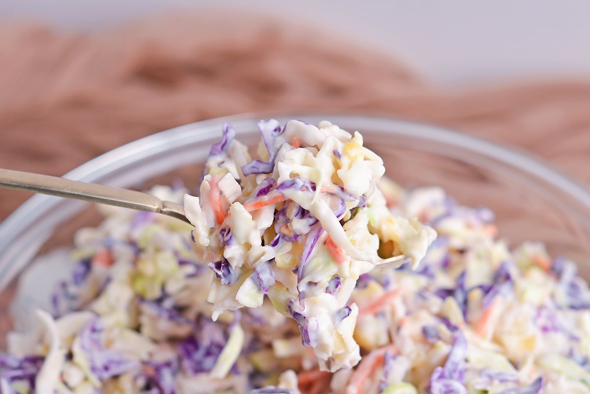 close up of yogurt coleslaw on fork