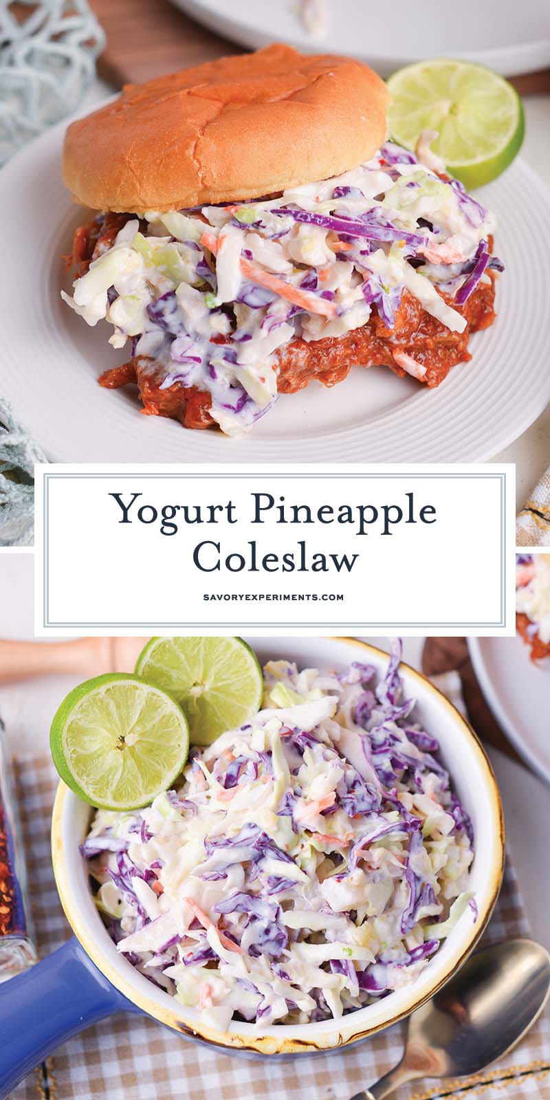 collage of yogurt coleslaw