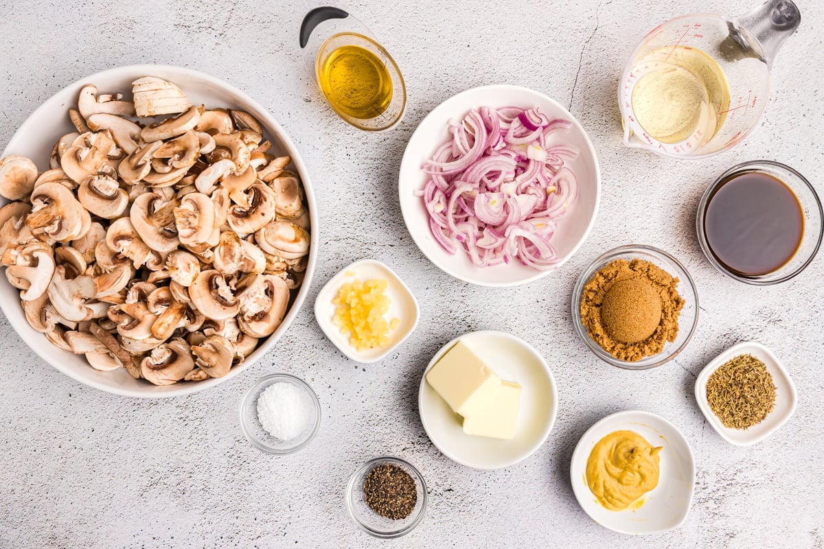 overhead shot of sauteed mushrooms ingredients