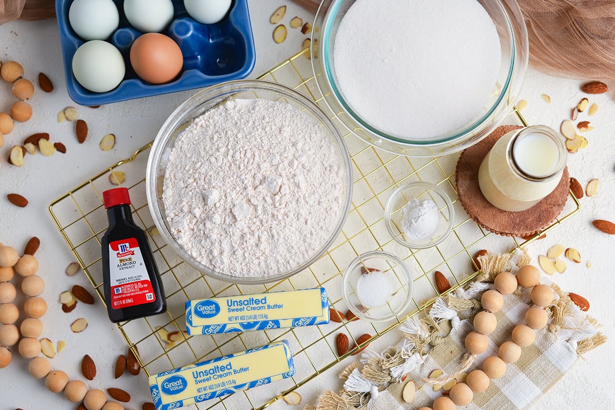 overhead shot of almond pound cake ingredients