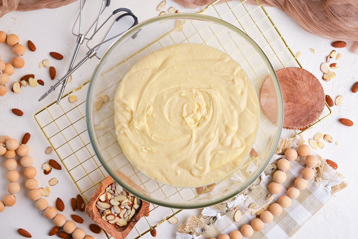 overhead shot of cake batter in bowl