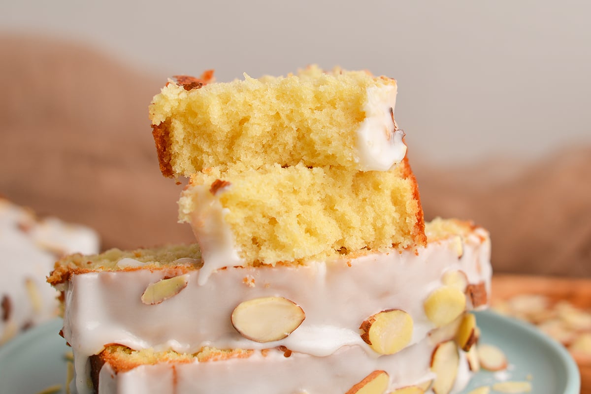 close up of two bites of almond pound cake