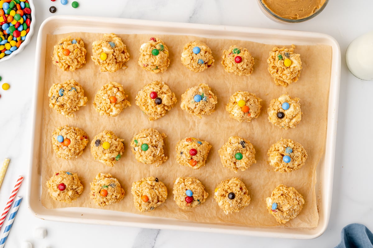 overhead shot of avalanche cookies on baking sheet