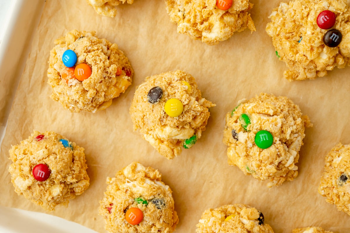 close up overhead shot of avalanche cookies on baking sheet