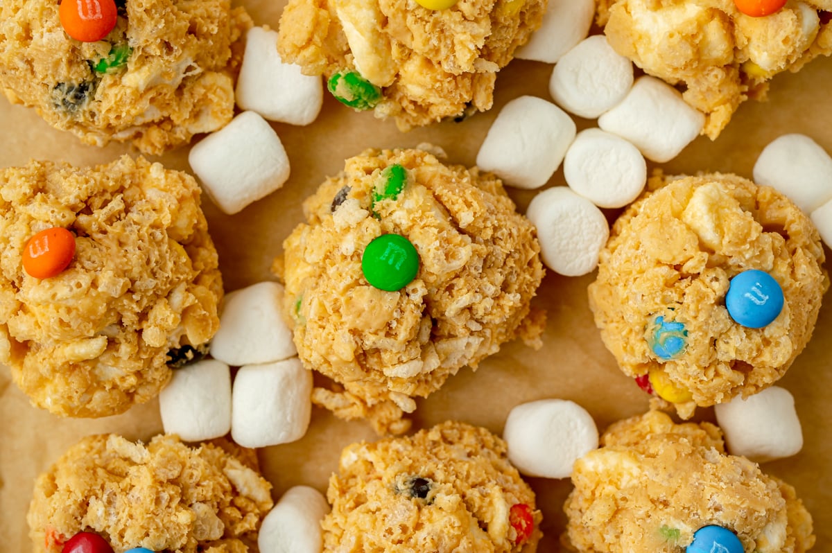 overhead shot of no bake avalanche cookies with marshmallows