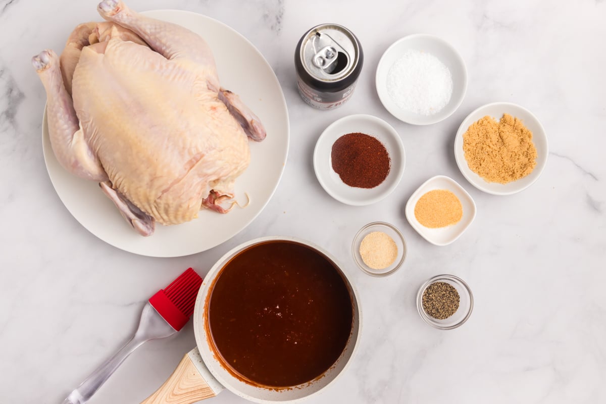 overhead shot of beer can chicken ingredients