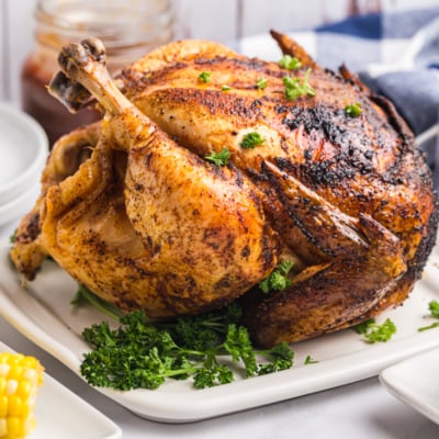 straight on shot of beer can chicken on platter
