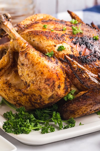 straight on shot of beer can chicken on platter