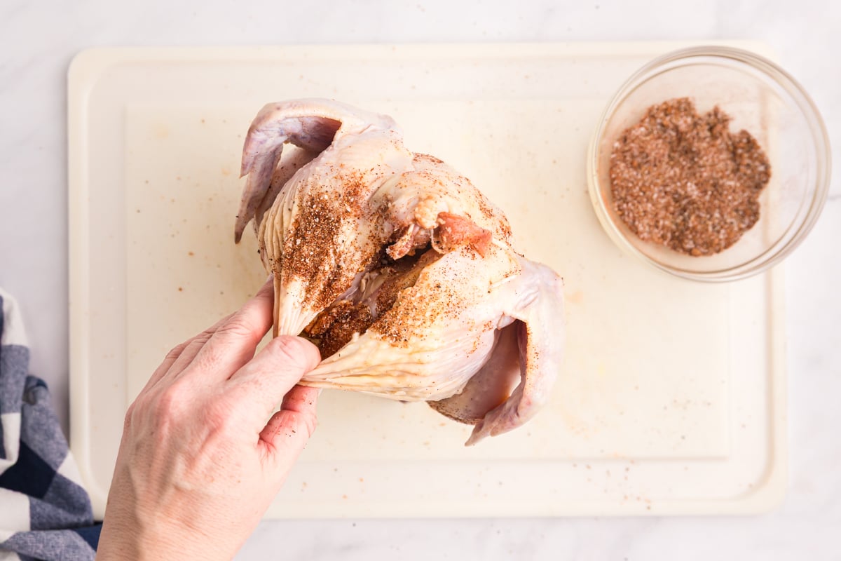 overhead shot of hand holding raw chicken with seasoning
