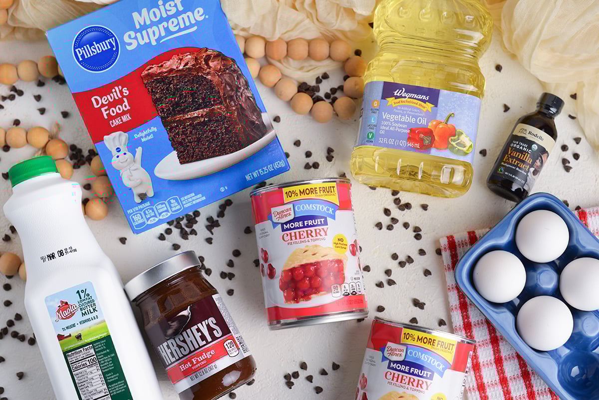 overhead shot of black forest poke cake ingredients