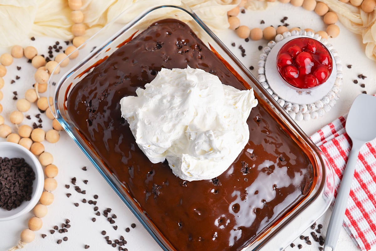 glob of whipped topping on top of chocolate cake