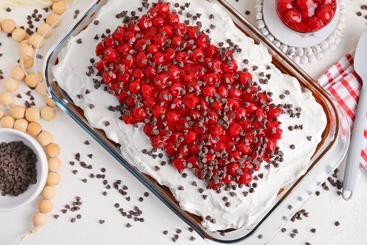 overhead shot of pan of black forest poke cake
