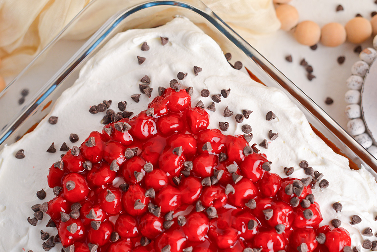 overhead shot of corner of black forest poke cake