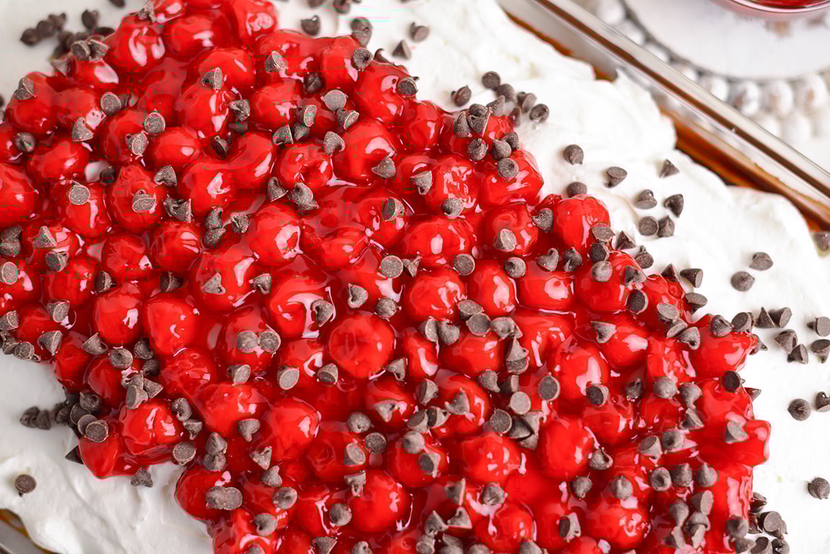 close up overhead shot of black forest poke cake