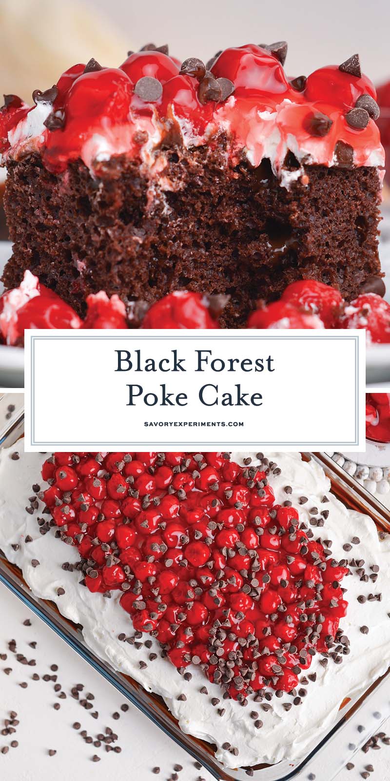 collage of black forest poke cake