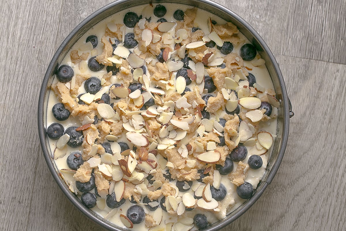 toppings put on coffee cake batter in pan