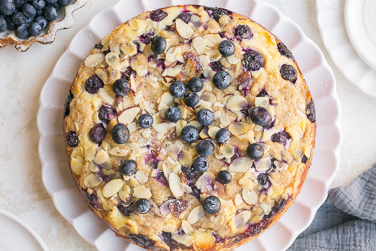 overhead shot of blueberry cream cheese coffee cake