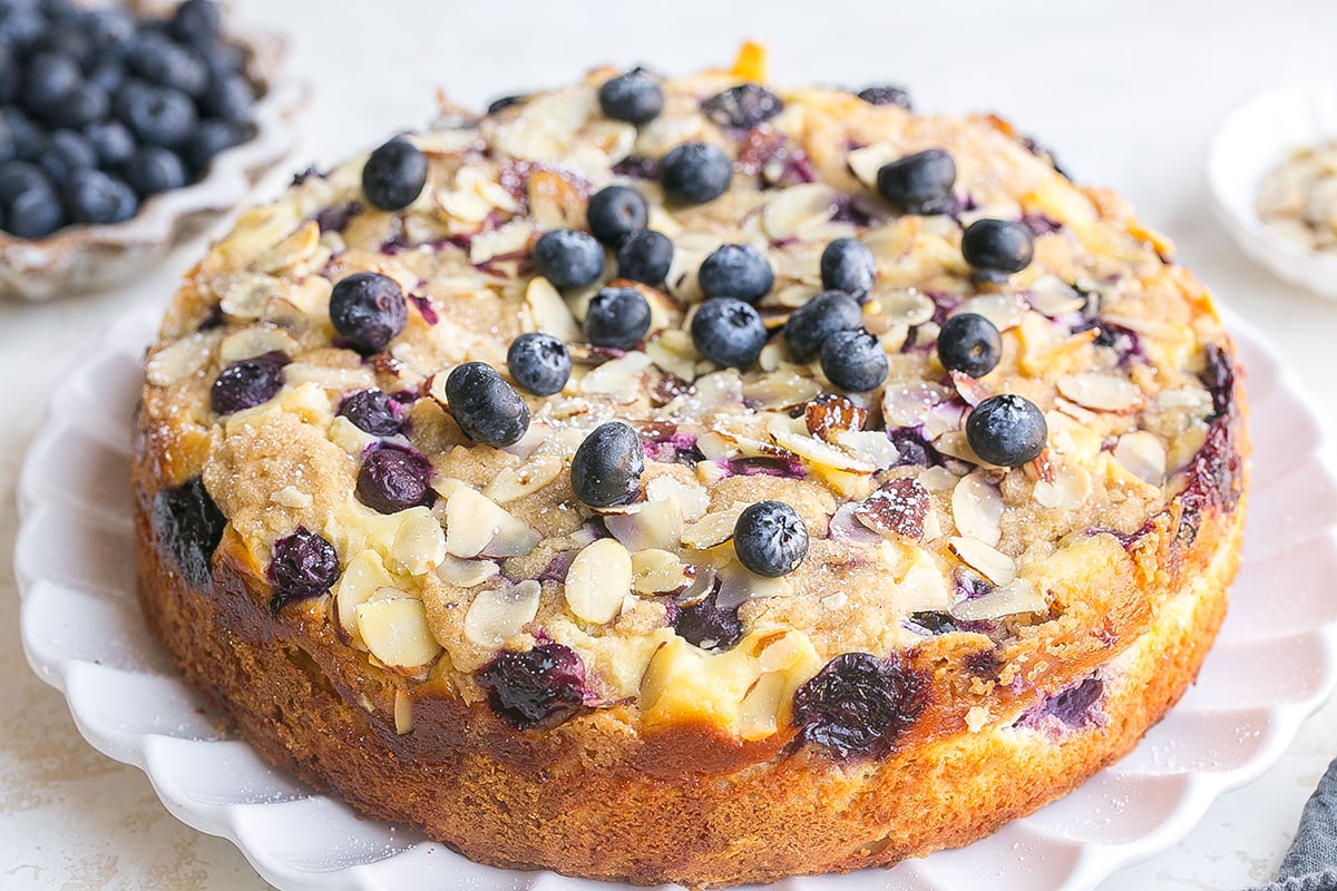 angled shot of blueberry cream cheese coffee cake