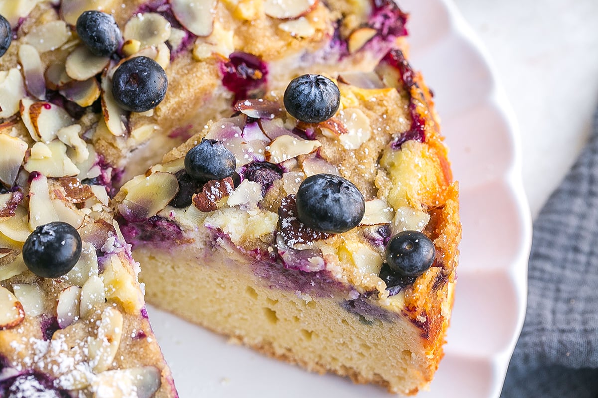 close up angled shot of sliced coffee cake