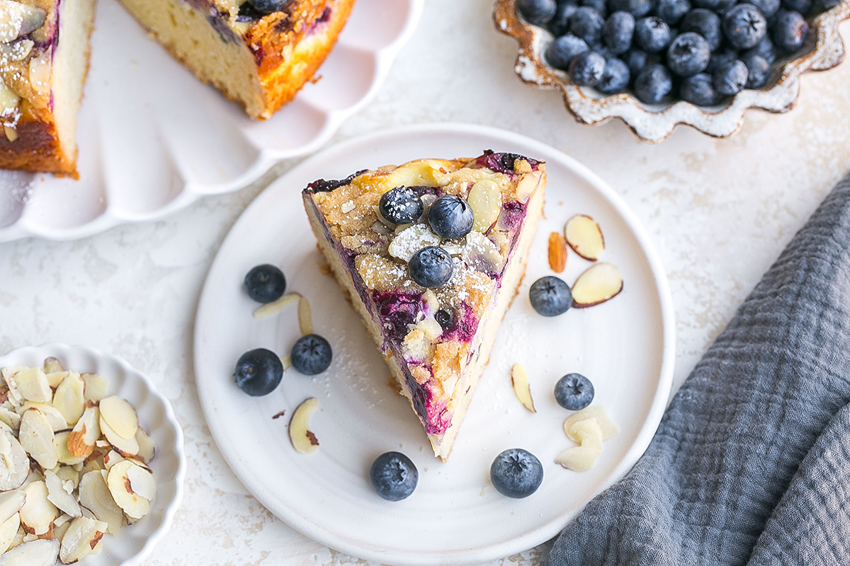 overhead shot of slice of coffee cake on plate