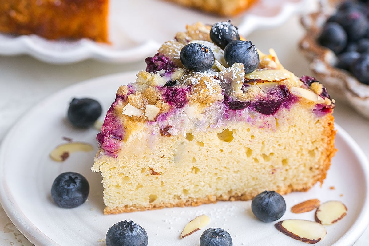 angled shot of slice of blueberry coffee cake on plate
