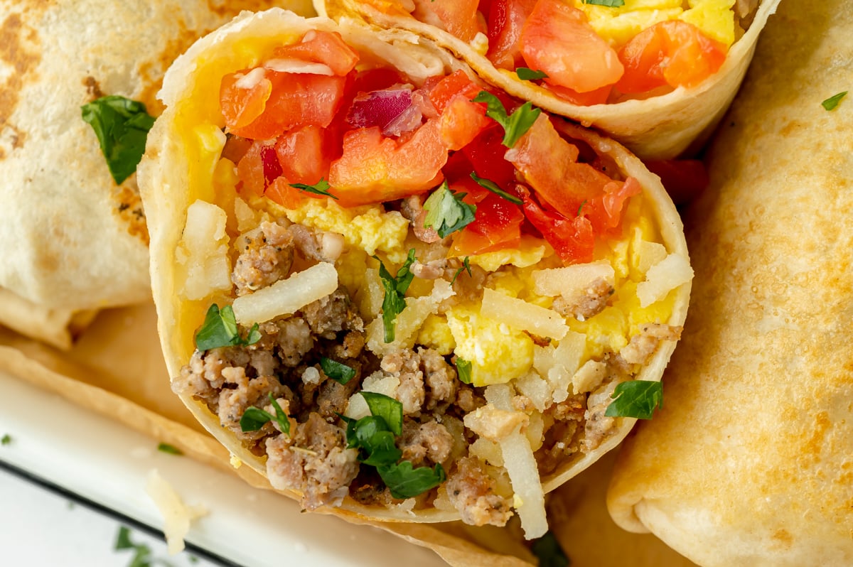 close up overhead shot of half of breakfast burrito