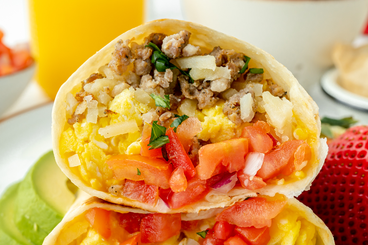 close up straight on shot of half of a breakfast burrito