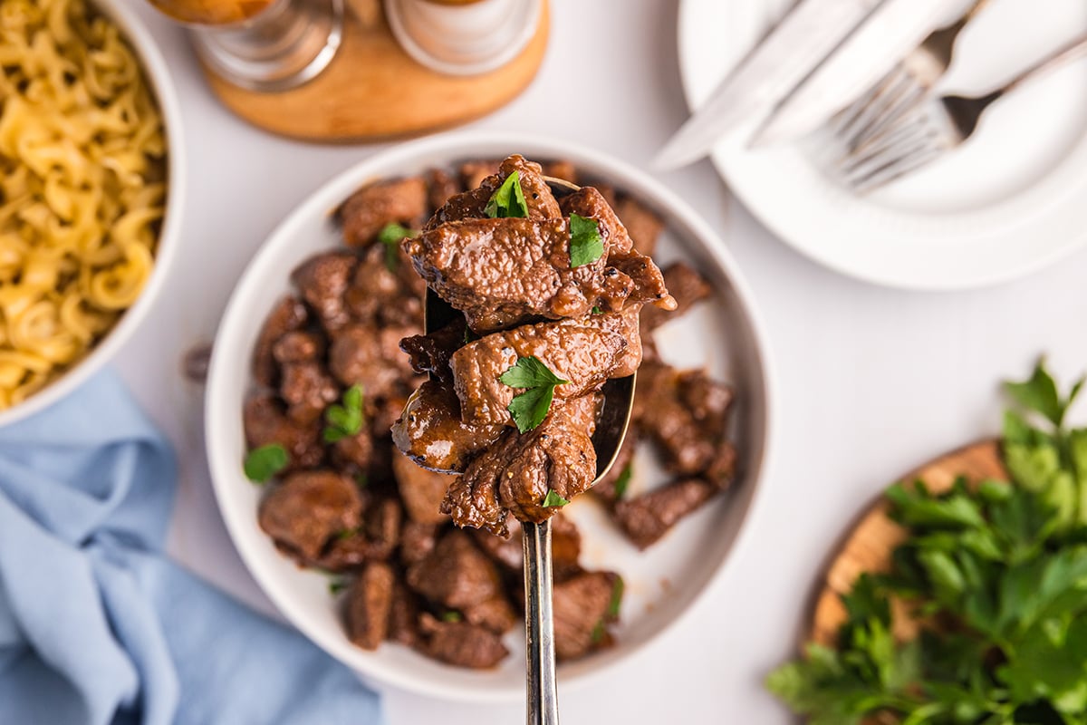overhead shot of brown sugar steak tips on spoon