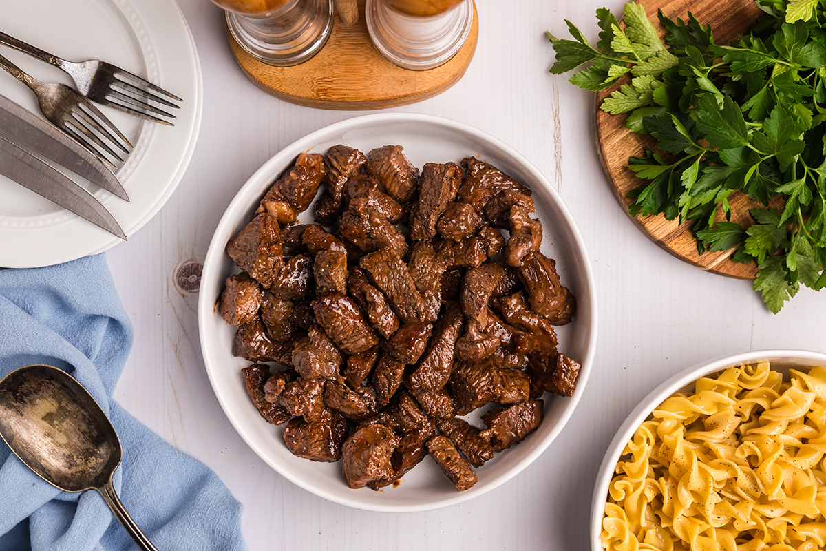 overhead shot of plate of steak tips