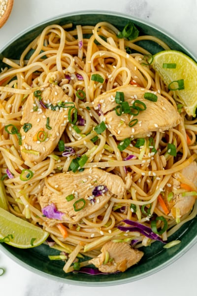 overhead shot of bowl of chicken stir fry rice noodles