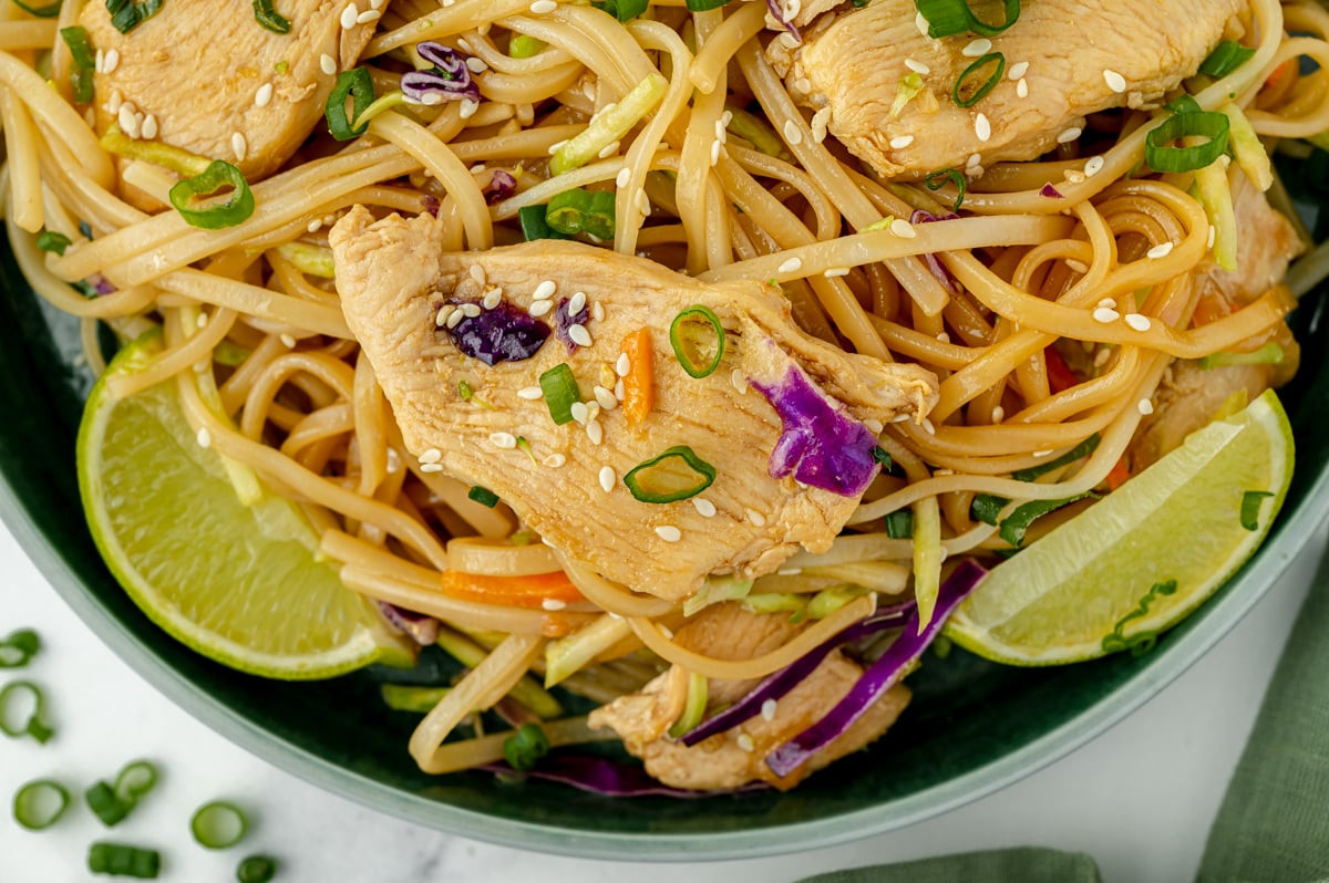 close up overhead shot of chicken stir fry rice noodles