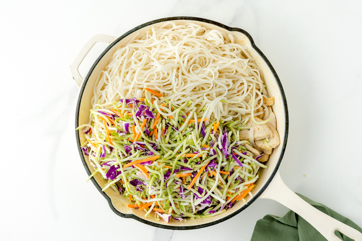 noodles and coleslaw mix added to pan