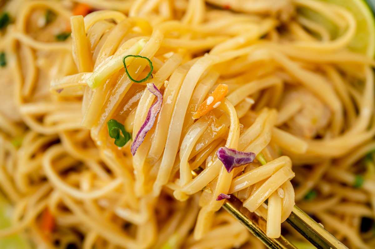 close up of stir fry noodles in chopsticks