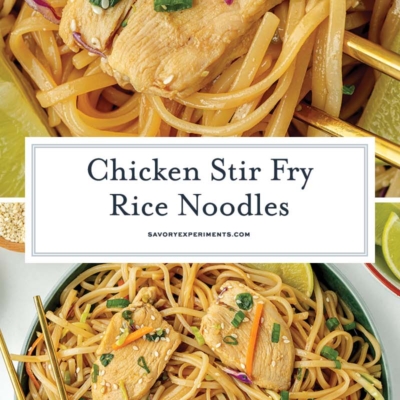 collage of chicken stir fry rice noodles