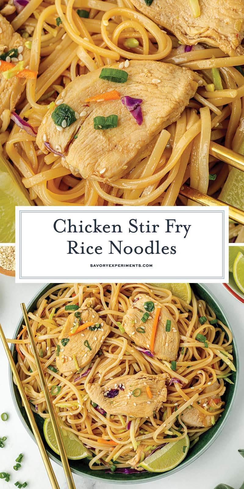 collage of chicken stir fry rice noodles