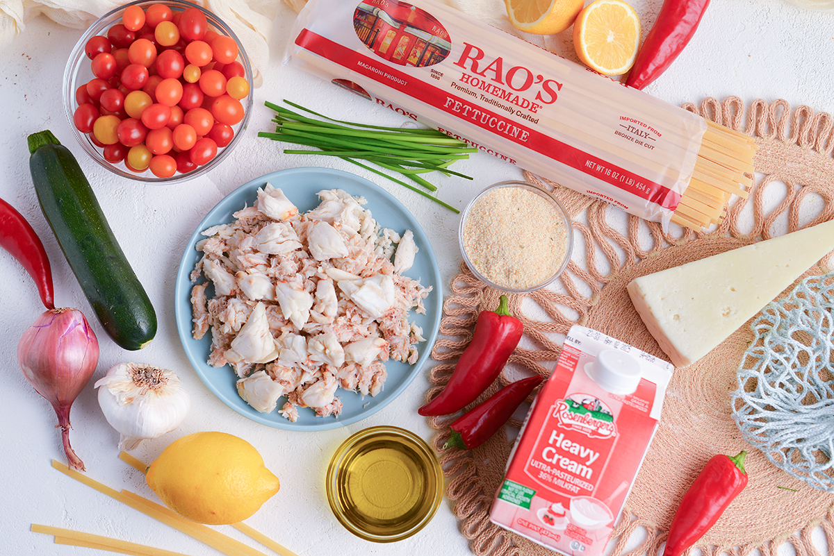 overhead shot of of creamy chili crab pasta ingredients